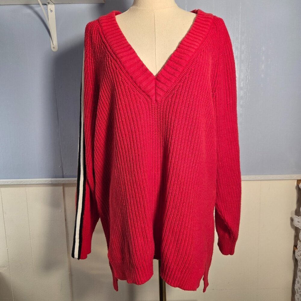 Express Extra Large Vibrant Red Longsleeve Stripes Tight Knit High Low Sweater